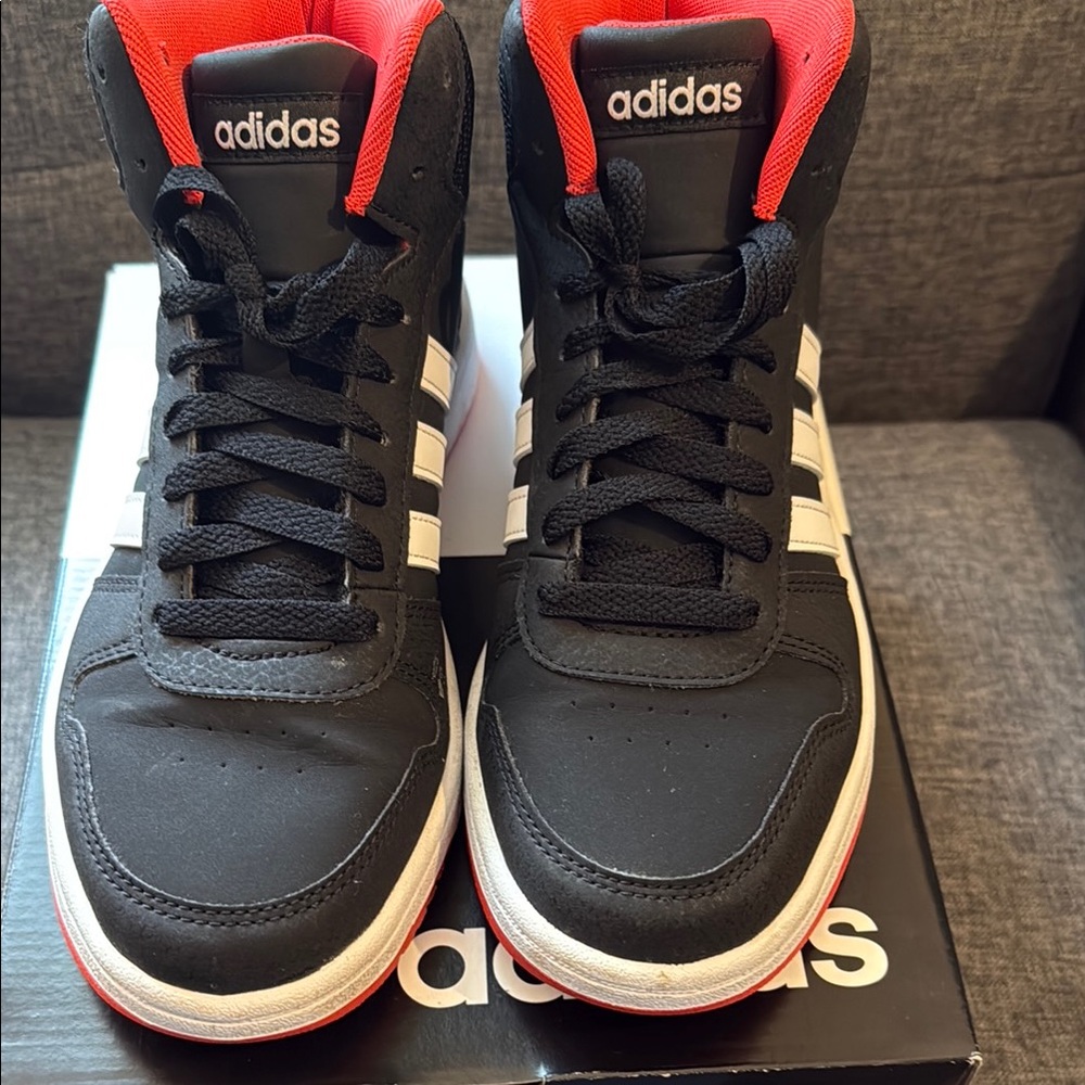 Adidas Black and Red High-Tops with White Stripes